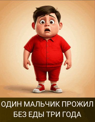 a cartoon of a boy in a red shirt and red shorts with the words " один мальчик прожил без еды три года " below him