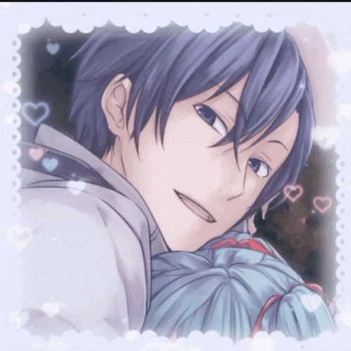 a picture of a boy with purple hair surrounded by pink hearts