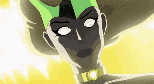 a close up of a cartoon character 's face with glowing eyes and a green hat .