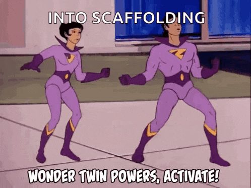 a cartoon of a man and a woman dancing with the words into scaffolding wonder twin powers activate written below them
