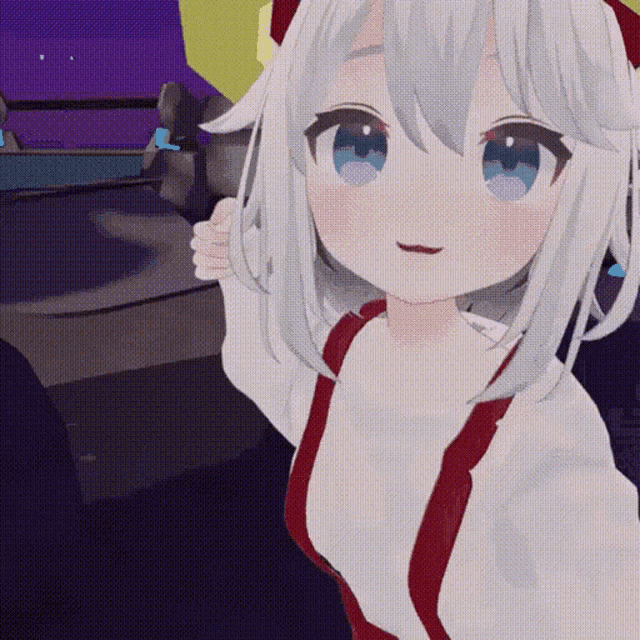 a girl with white hair and blue eyes is taking a selfie in a virtual reality game .