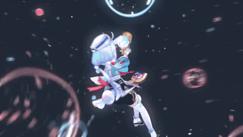 a cartoon character is surrounded by bubbles and circles and has a bucket in her hand