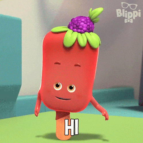 a red popsicle with a flower on its head and the word hi below it