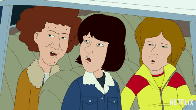 three cartoon characters are sitting in a car with netflix written on the bottom right