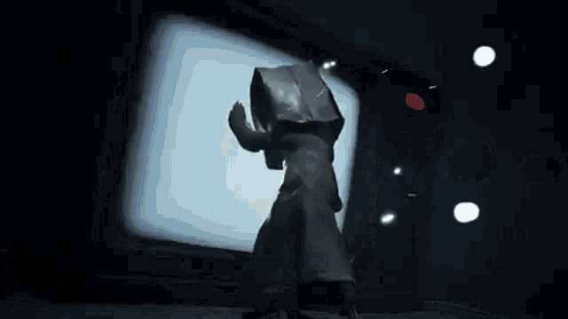 a video game character with a box on his head is standing in a dark room .