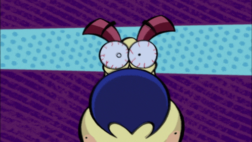 a cartoon character has a clock on his face and a purple background