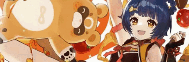 a girl and a teddy bear are standing next to each other on a white background .