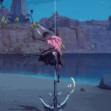 a video game character with pink hair is standing on an anchor with x2 on it