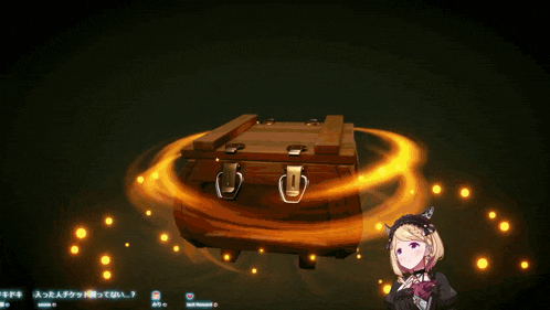 a girl with a cat ear stands in front of a wooden chest in a video game