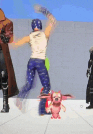 a group of people are standing around a small pink monster