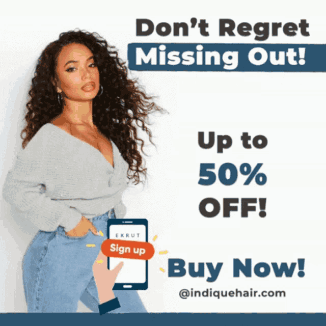 an advertisement for indiquehair shows a woman in a grey sweater and jeans