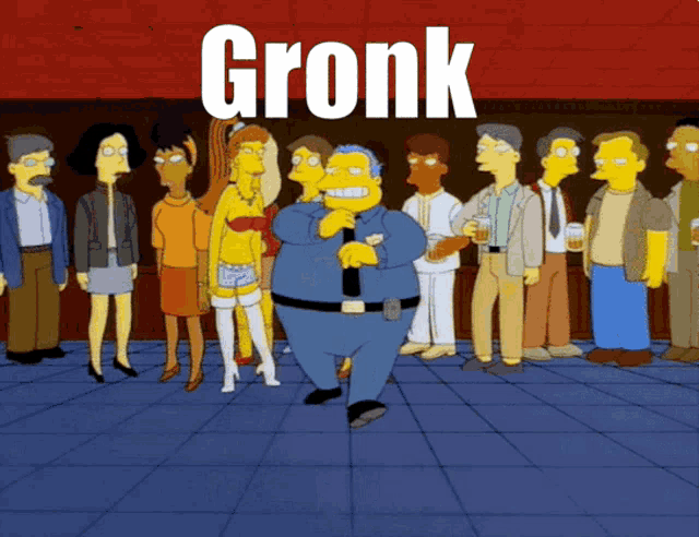 a group of cartoon characters are standing in a line with the word gronk written on it