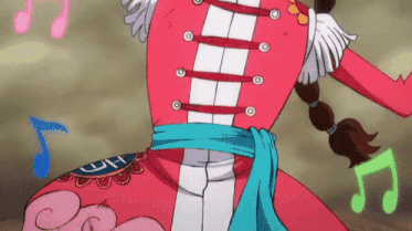 a cartoon character in a pink dress is dancing with music notes behind her .