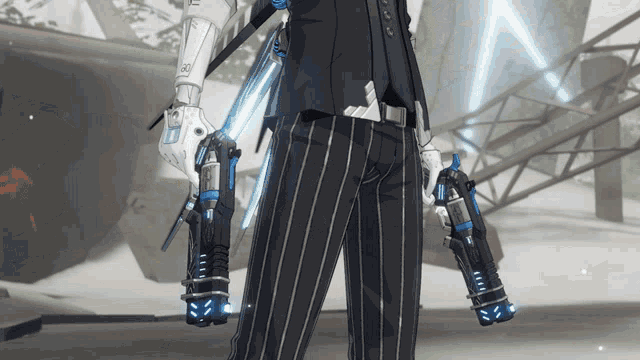 a man in a suit and striped pants holds two guns in his hands