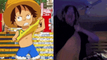 a monkey d luffy from one piece is standing next to a man .