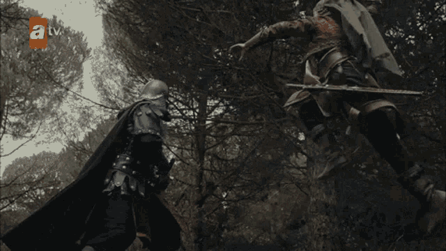 two men are fighting in a forest with a tv logo in the corner