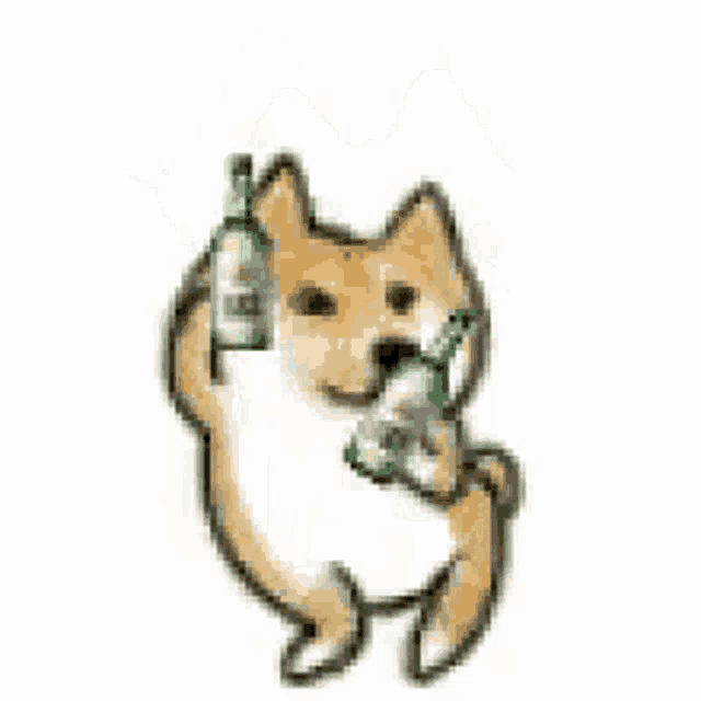 a dog is holding a bottle of beer in its paws and pointing at it .