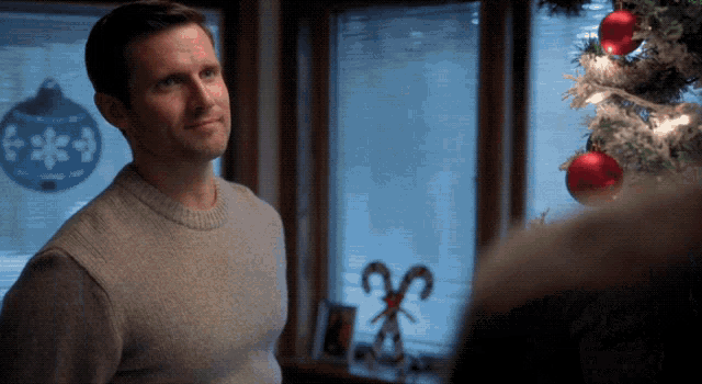 a man in a grey sweater stands in front of a window with a christmas tree in the background