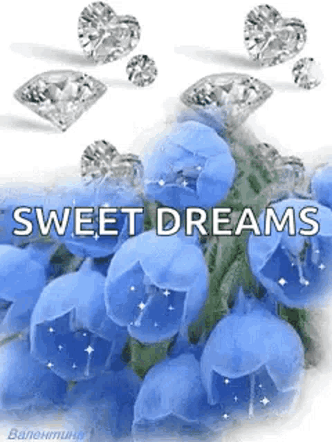 a bunch of blue flowers with diamonds and the words `` sweet dreams '' written on it .