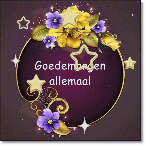 a purple background with purple flowers and gold leaves with the words goedemorgen allemaal on it
