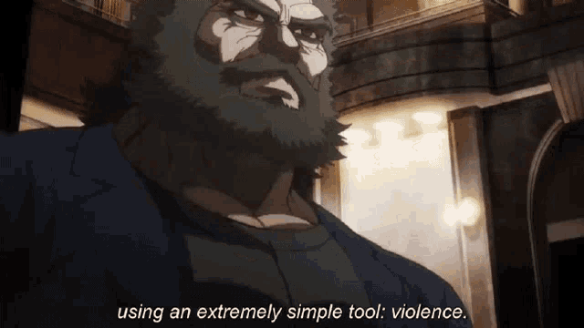 a man with a beard is using an extremely simple tool : violence