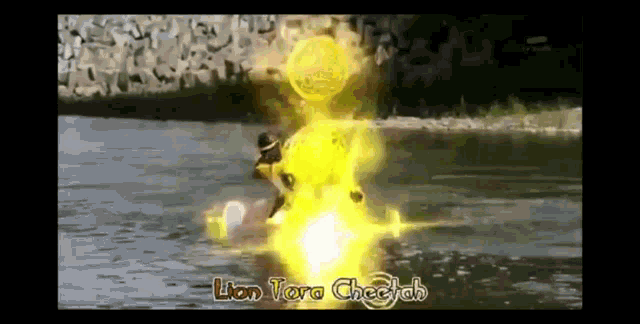 a lion toro cheetah is riding a jet ski through the water