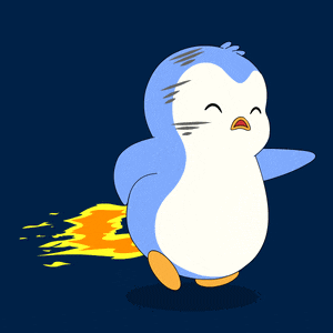 a blue and white penguin with flames coming out of it 's butt