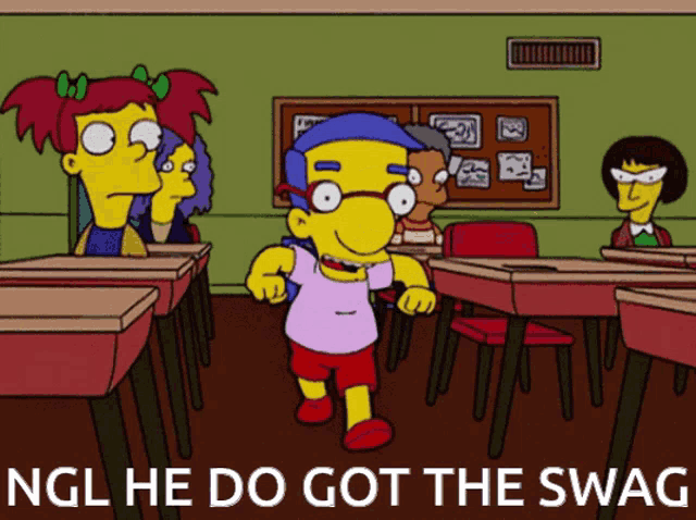 a cartoon of a boy walking through a classroom with the words ngl he do got the swag