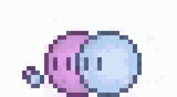 a pixel art of a pink and a blue balloon kissing each other on a white background .