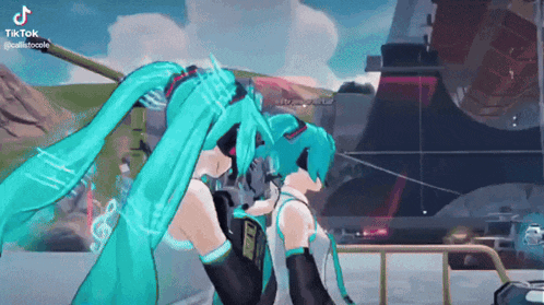 two anime girls are standing next to each other in front of a building in a video game