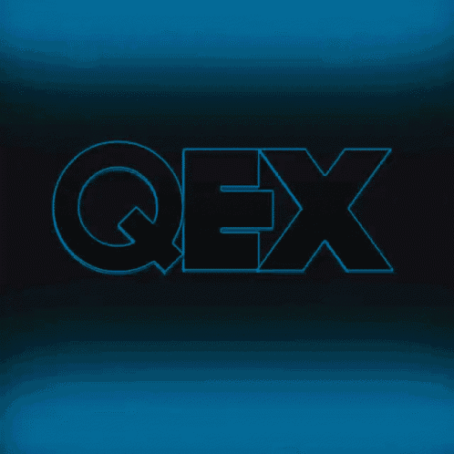 a blue and black logo that says qex on a blue background