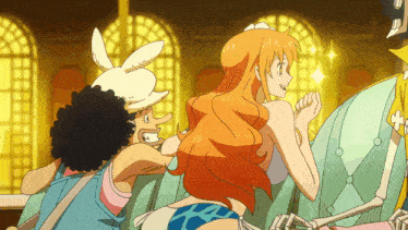 a woman in a bikini is standing next to a man in a bunny hat and a skeleton