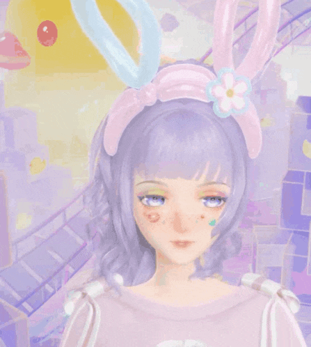a girl with purple hair wearing bunny ears and a flower in her hair