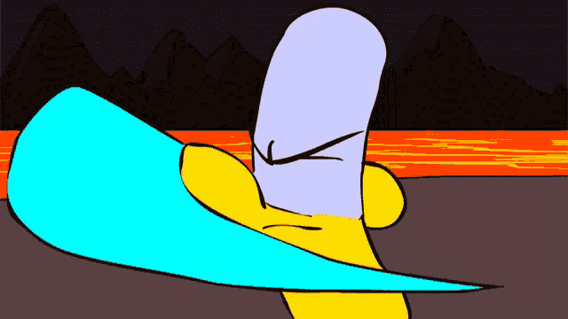 a cartoon drawing of a person with a blue sword
