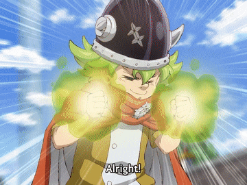 a cartoon character says " alright " while holding his fist up