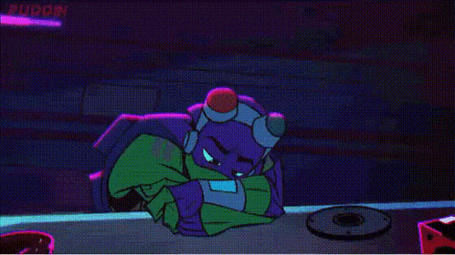 a cartoon character is sitting at a table with his arms crossed and looking sad .