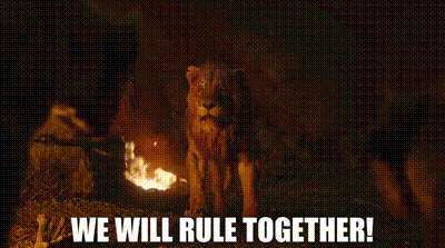 a lion is standing in front of a fire with the words `` we will rule together ! ''