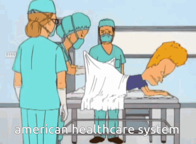 a cartoon of a man laying on a table with the words american healthcare system below him