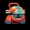 a pixel art drawing of a robot with a helmet on a black background .