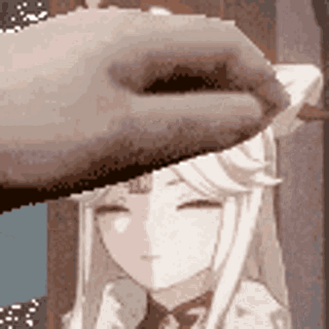 a pixel art of a person petting a girl 's head .