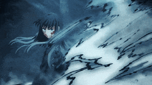 a drawing of a girl with long hair and a blue background