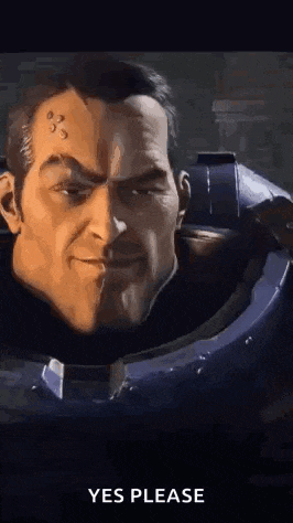 a close up of a man 's face in a video game with the words `` yes please '' written below him .