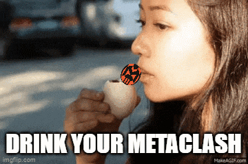 a woman eating a donut with the words drink your metaclash on the bottom