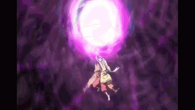 a couple of people are flying through the air with a purple light coming out of their heads .