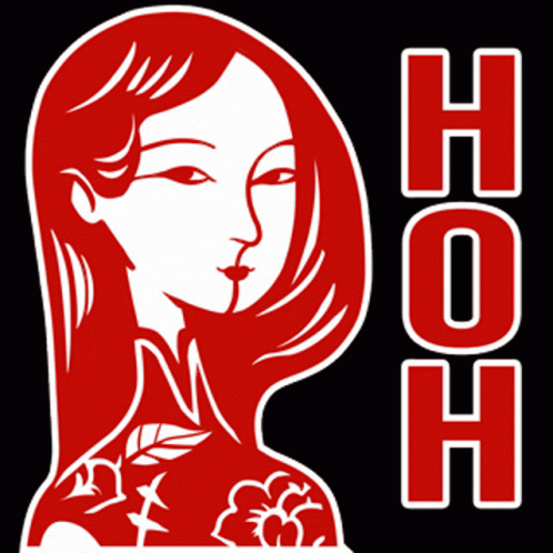 a red and white drawing of a woman with the word hoh on the bottom