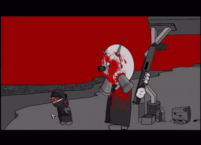 a cartoon character holding a gun with blood coming out of his mouth
