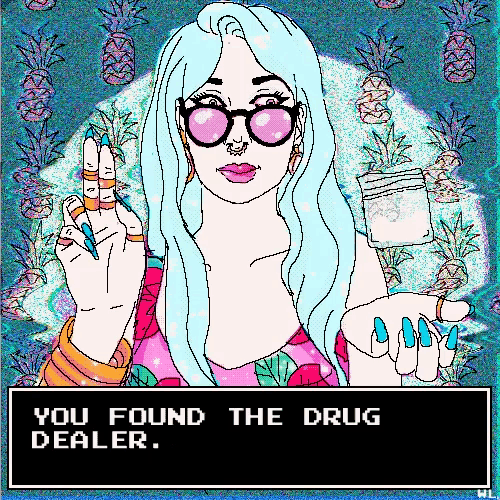 a pixel art drawing of a woman holding a bottle of drugs with the words " you found the drug dealer " below her