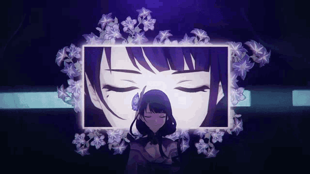 a picture of a girl with her eyes closed and purple flowers around her