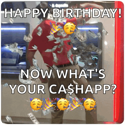 a happy birthday greeting card with a man surrounded by money