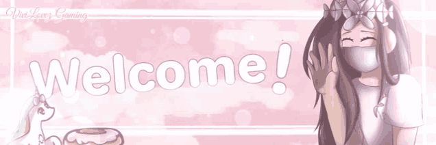 a girl wearing a mask and headphones is waving in front of a welcome sign